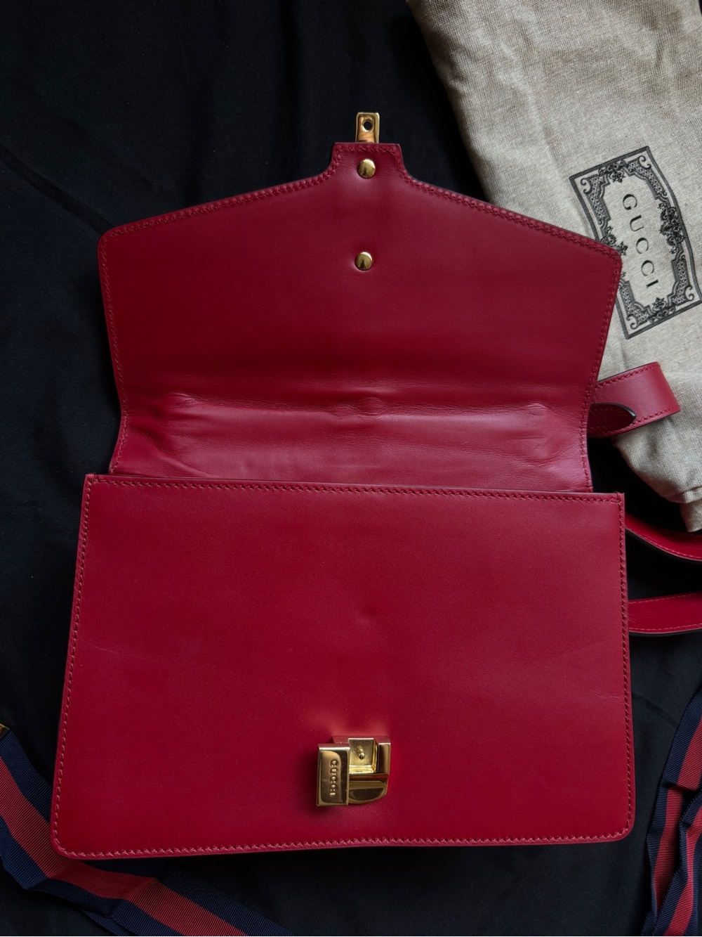 Gucci Sylvie Red Medium Leather Chain-Accent Crossbody Bag with Navy Stripe - Picture 9 of 14